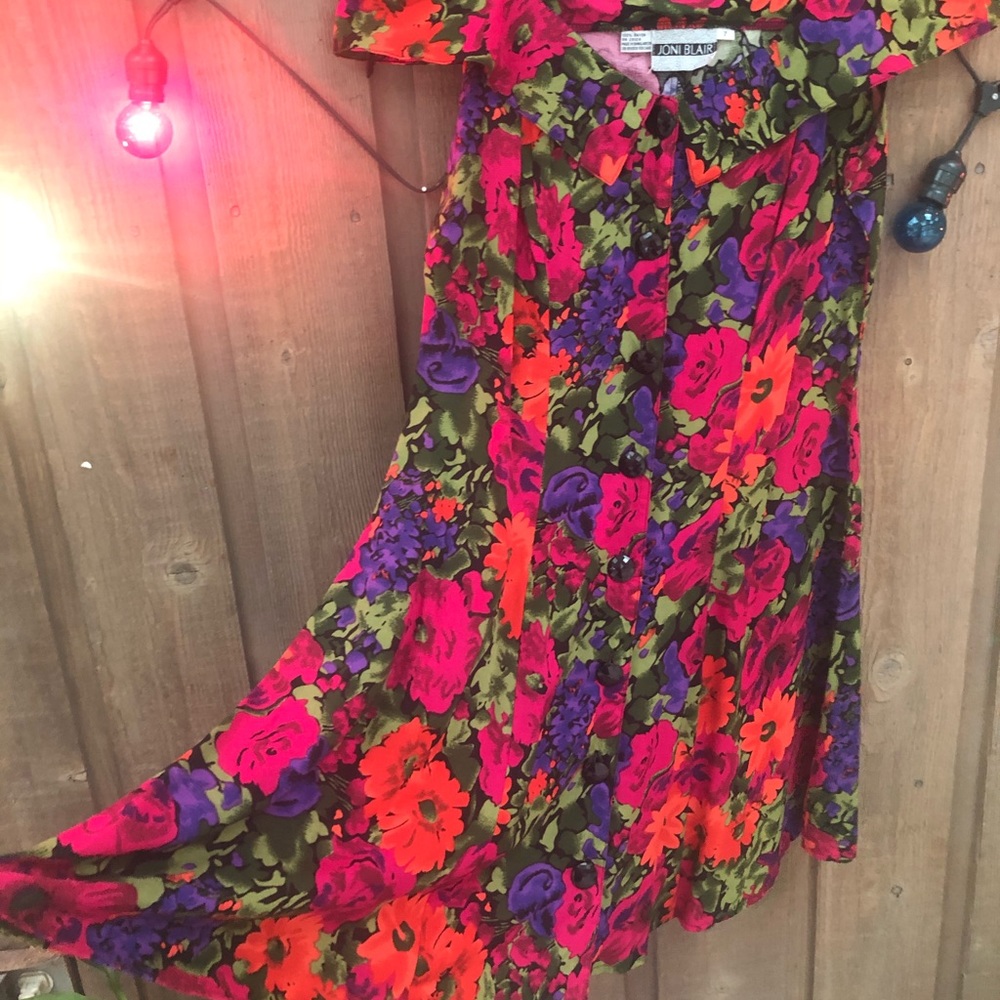 80s Vintage Cold Shoulder Floral Button Down Dress